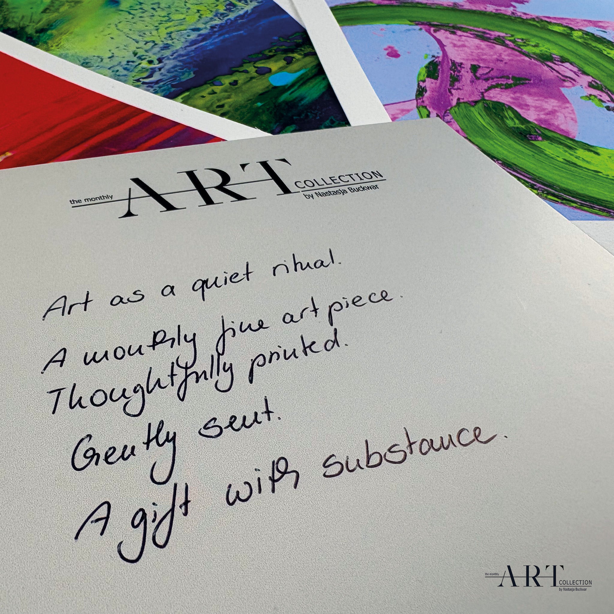 Fine art print from The Monthly Art Collection by Nastasja Buckwar with handwritten note, shown on textured paper with abstract color artworks