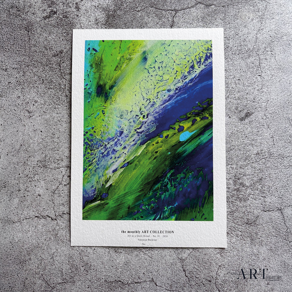 Art print on textured fine art paper, photographed flat on grey concrete background.